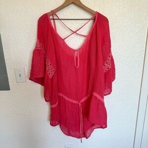 Sunday St. Tropez Blouse Women's M/L Linen Pullover Tunic Top Gauze Pink